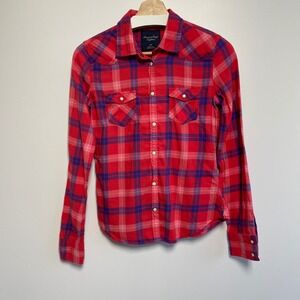 American Eagle Western Plaid Pearl Snap Button Shirt Womens Size S Red Pink‎